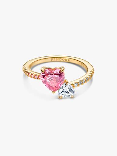 Double Heart Pink & Clear Sparkling Ring