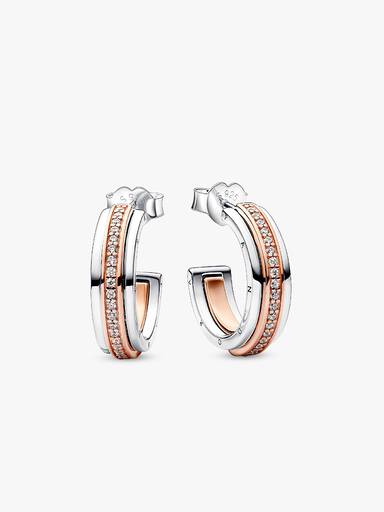 Pandora Signature Two tone Logo & Pavé Hoop Earrings