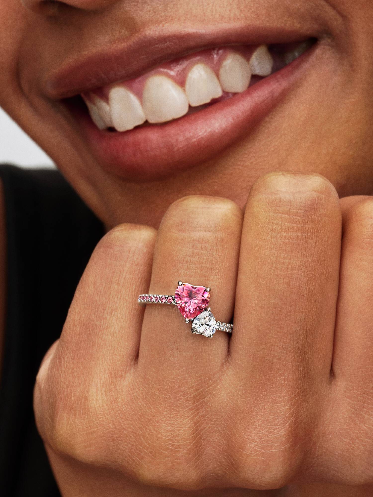 Double Heart Pink & Clear Sparkling Ring