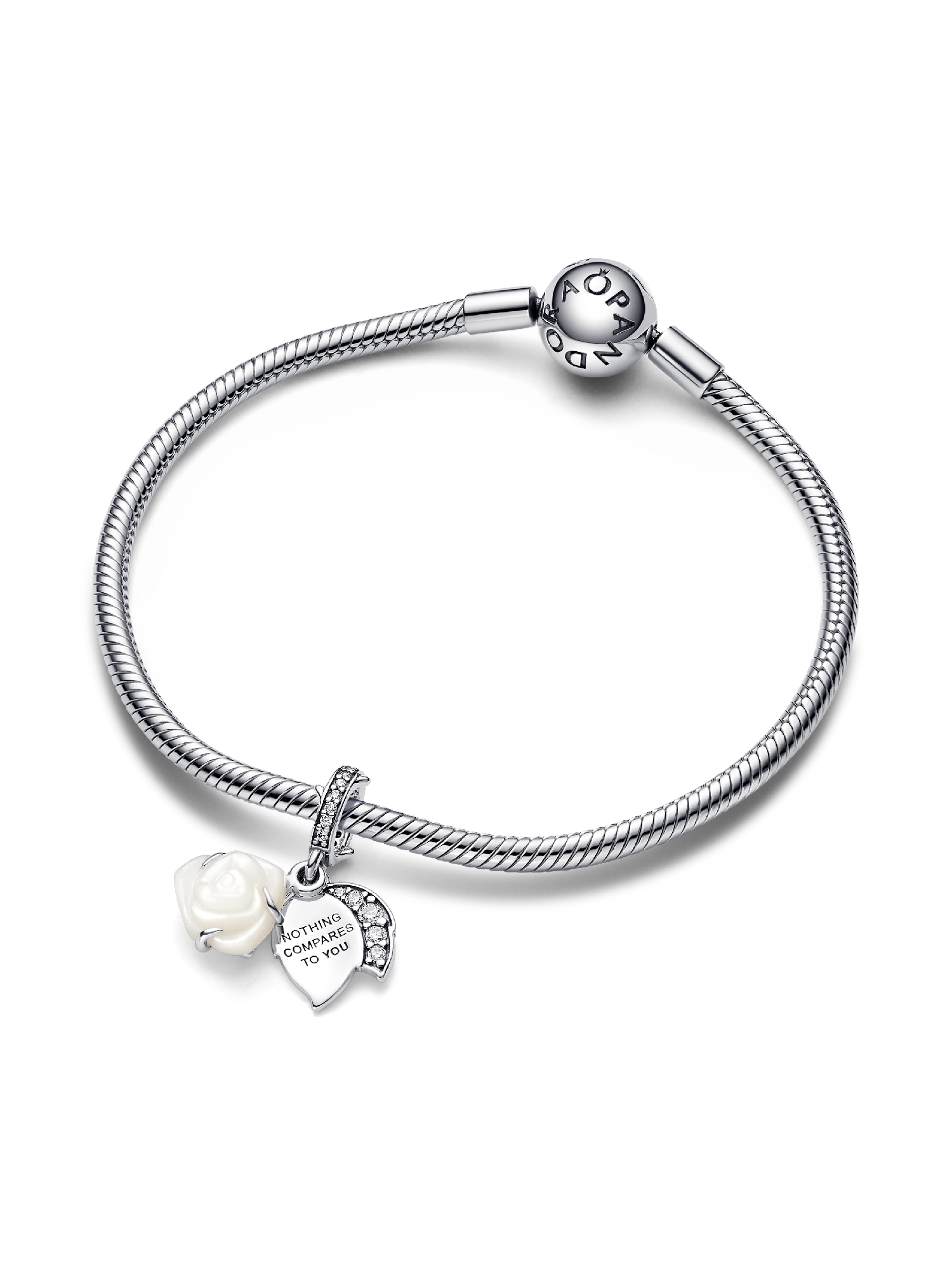 White Rose in Bloom Double Dangle Charm | スターリングシルバー