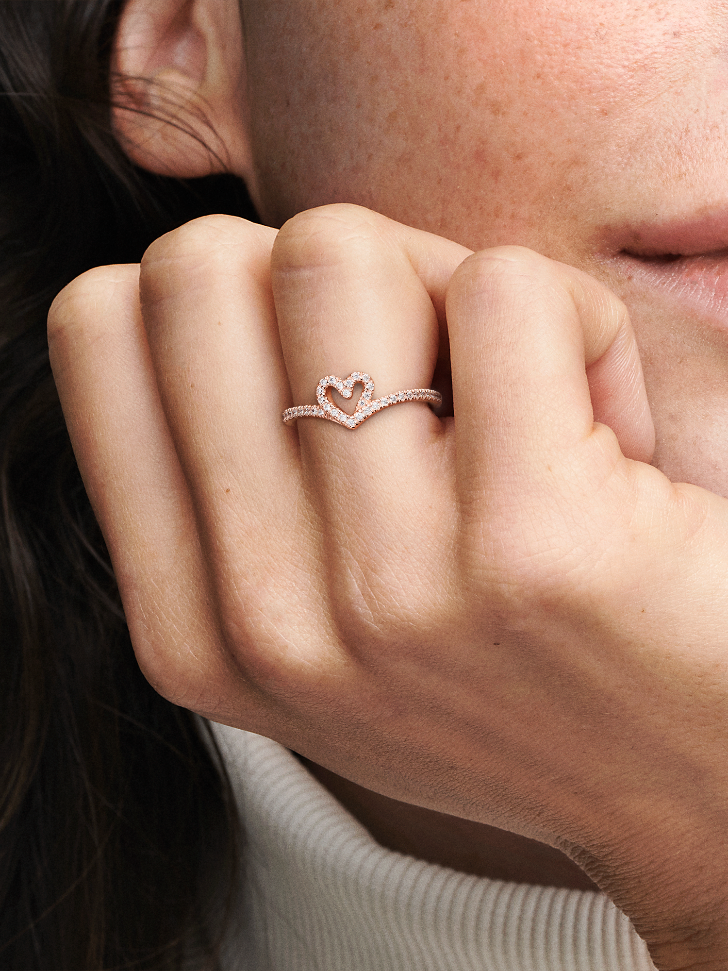 Sparkling Wishbone Heart Ring | ローズゴールドプレーティング