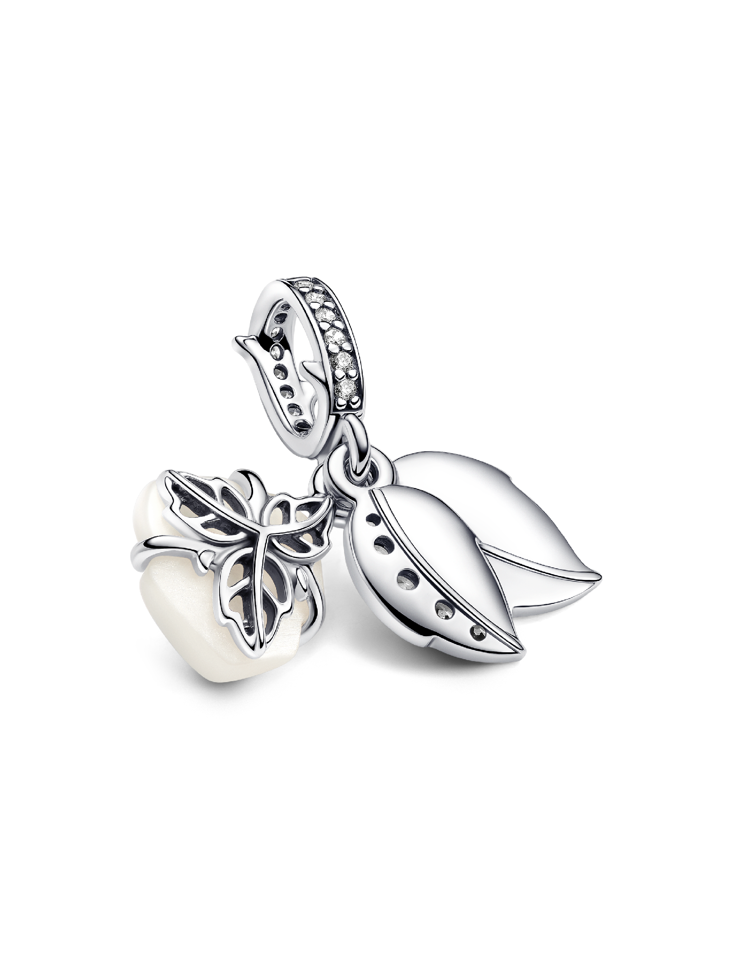 White Rose in Bloom Double Dangle Charm | スターリングシルバー
